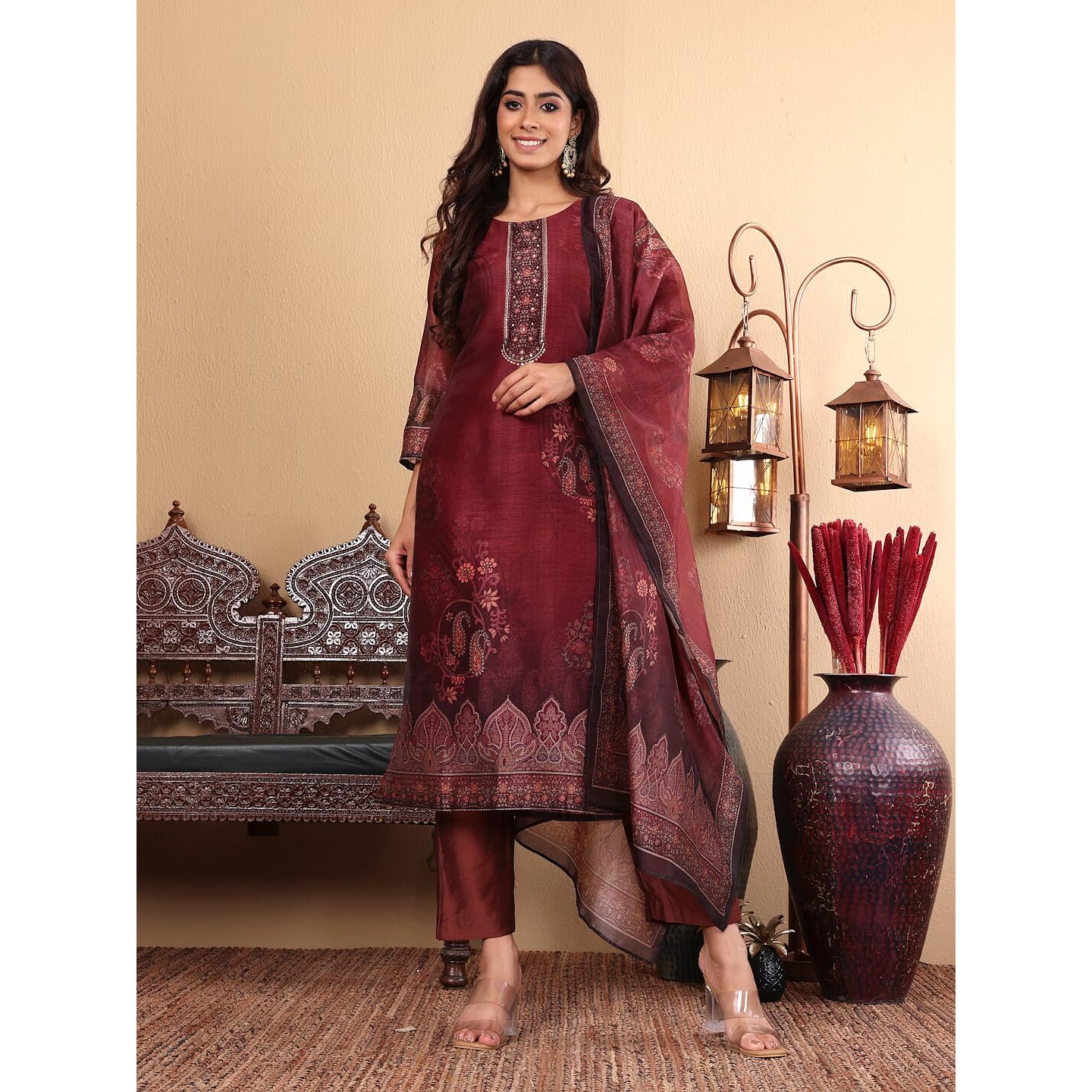 Varanga Women Maroon Floral Printed Kurta Paired With Bottom And Dupatta