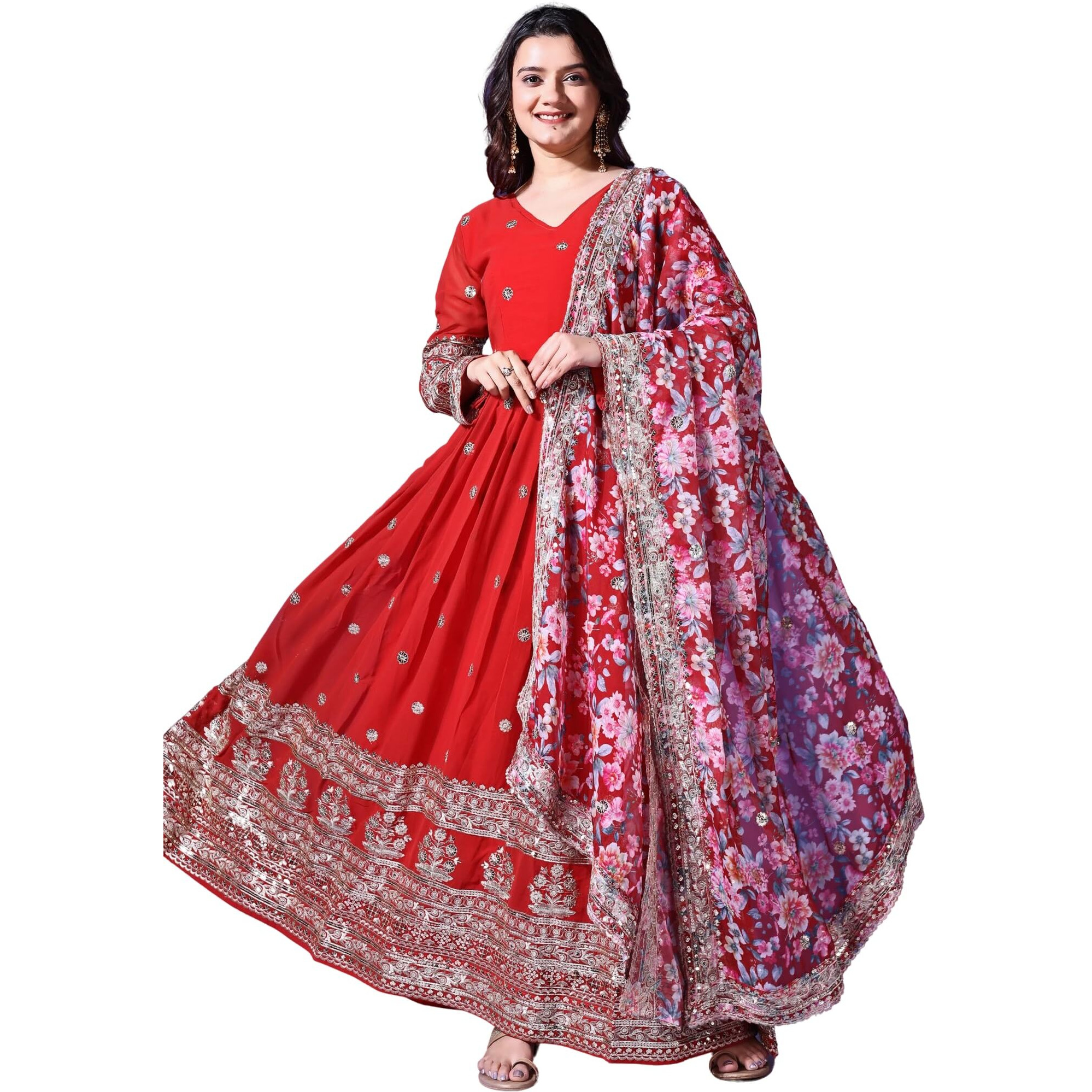 Fashion Basket Georgette Embroidered Anarkali Dress For Women (In, Alpha, 2Xl, Regular, Red)