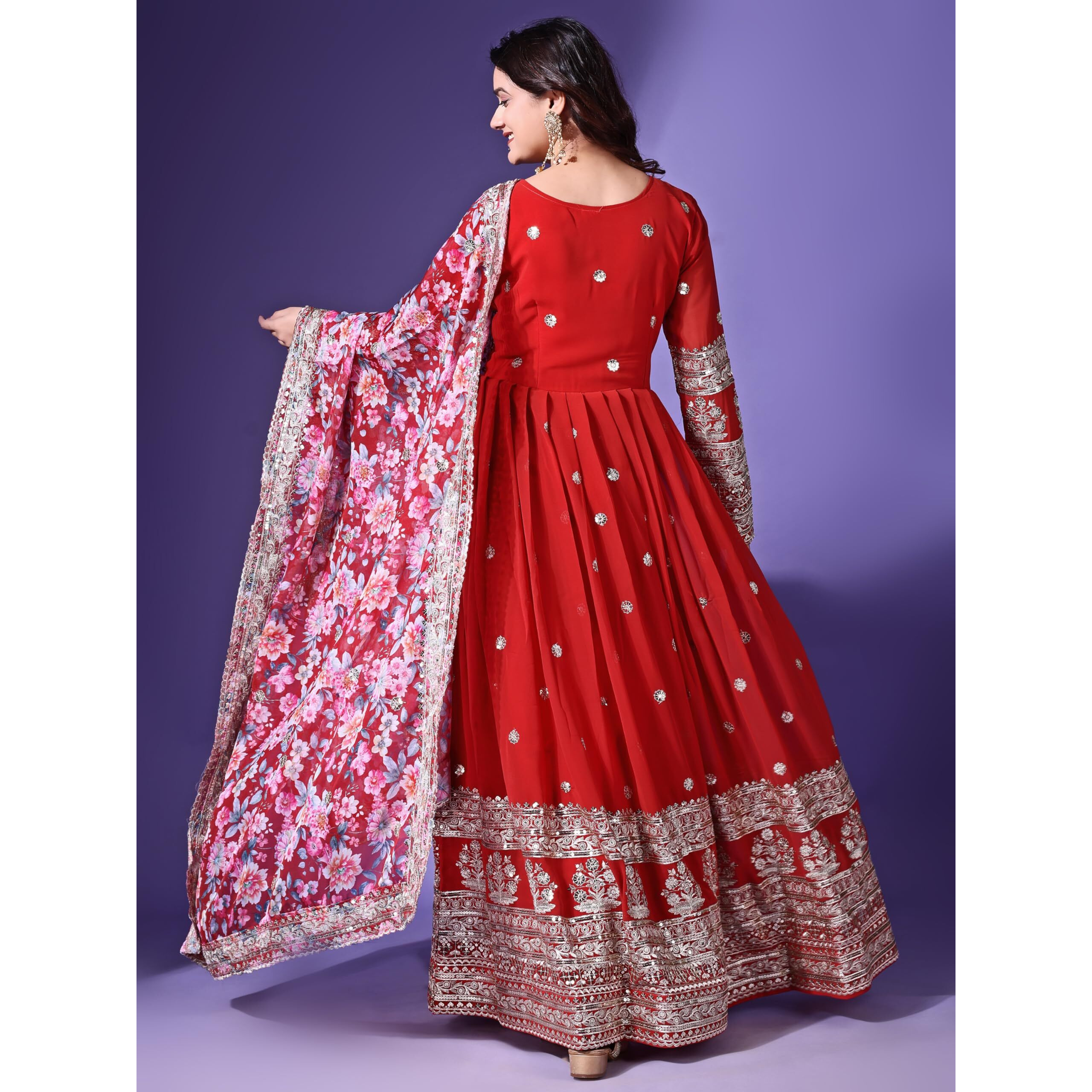 Fashion Basket Georgette Embroidered Anarkali Dress For Women (In, Alpha, 2Xl, Regular, Red)