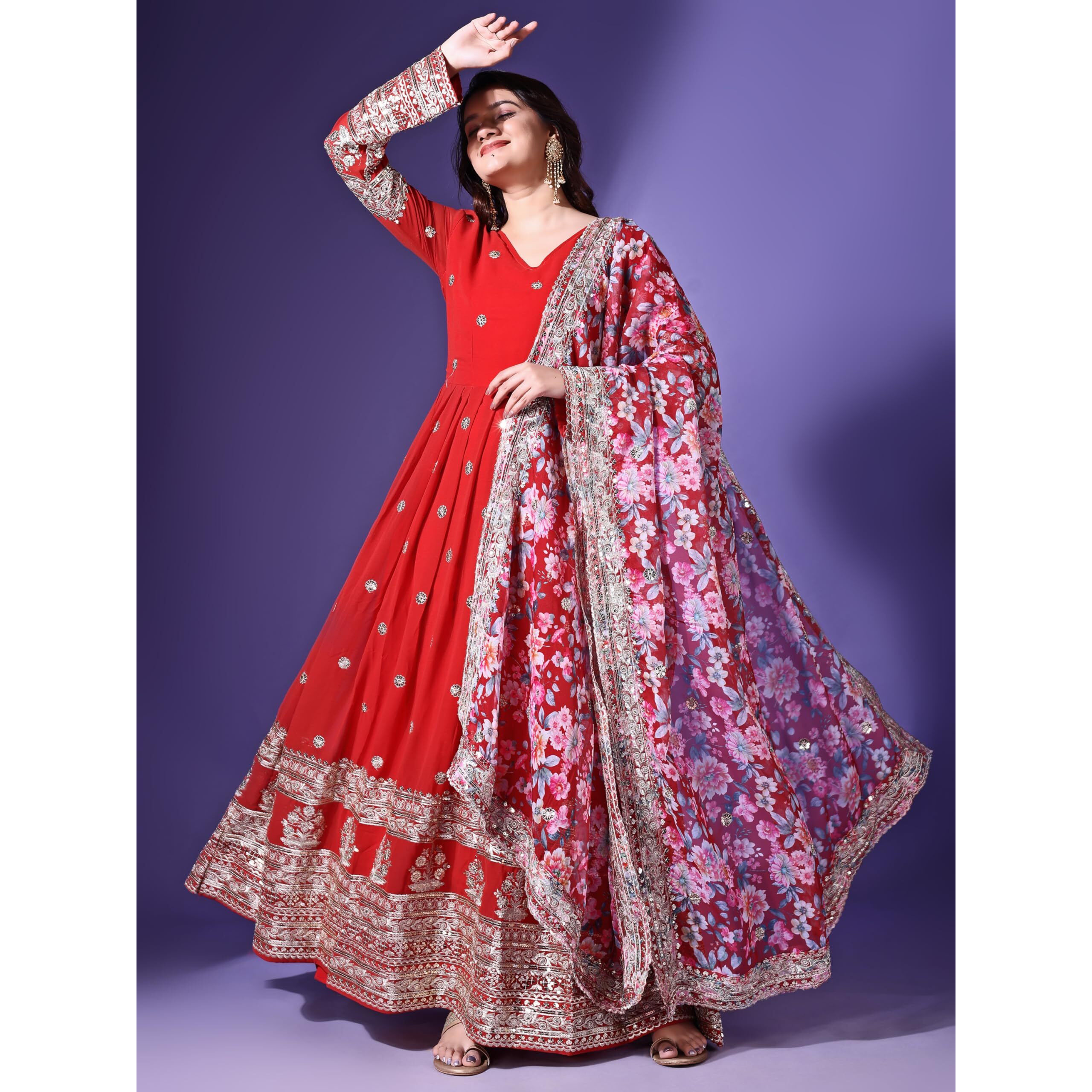 Fashion Basket Georgette Embroidered Anarkali Dress For Women (In, Alpha, 2Xl, Regular, Red)