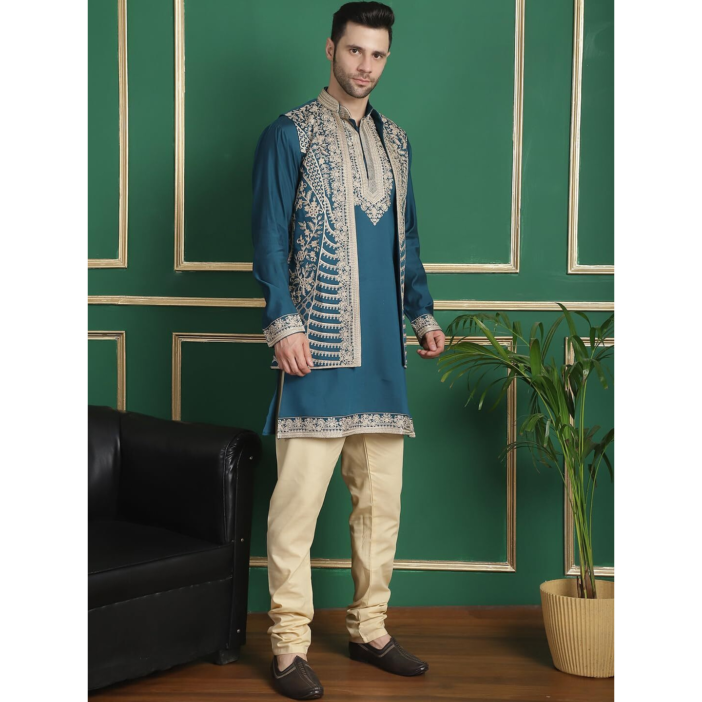 Jompers Men's Peacock Embroidered Waistcoat And Kurta Pyjama. (Peacock, M)
