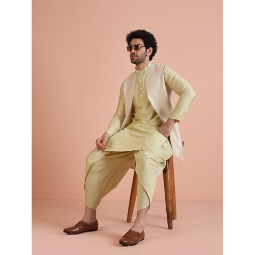 Kisah Mens Jacquard Silk Blend Kurta Jacket Dhoti Set  Traditional Ethnic Wear For Men For Weddings & Festivals, Beige, 38