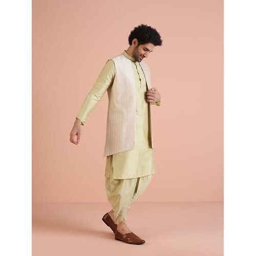 Kisah Mens Jacquard Silk Blend Kurta Jacket Dhoti Set  Traditional Ethnic Wear For Men For Weddings & Festivals, Beige, 38