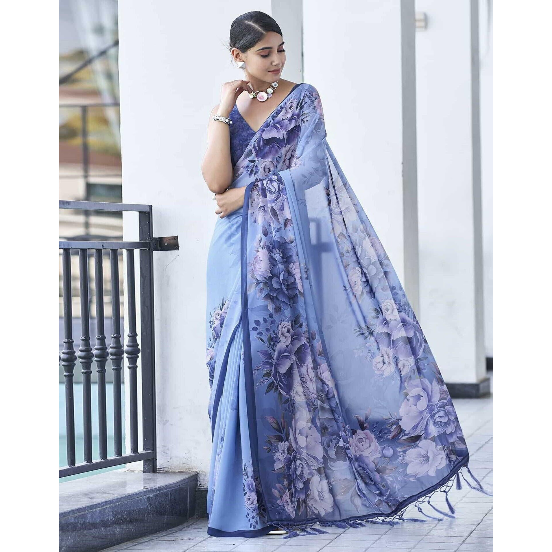 Shiv Textiles Women's Weightless Chiffon Floral Printed & Tassels Saree(Sat-535S- Blue & Multi)