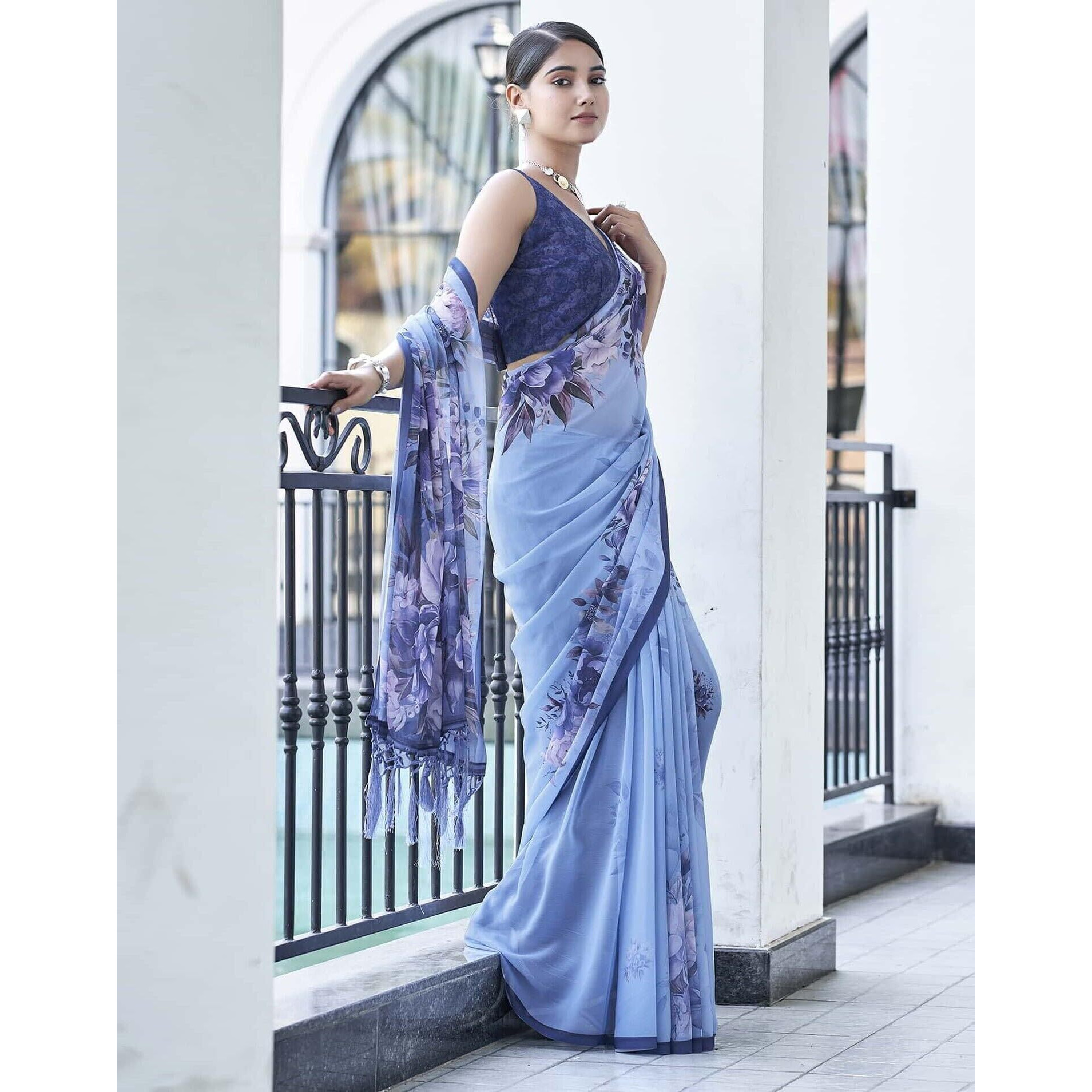 Shiv Textiles Women's Weightless Chiffon Floral Printed & Tassels Saree(Sat-535S- Blue & Multi)