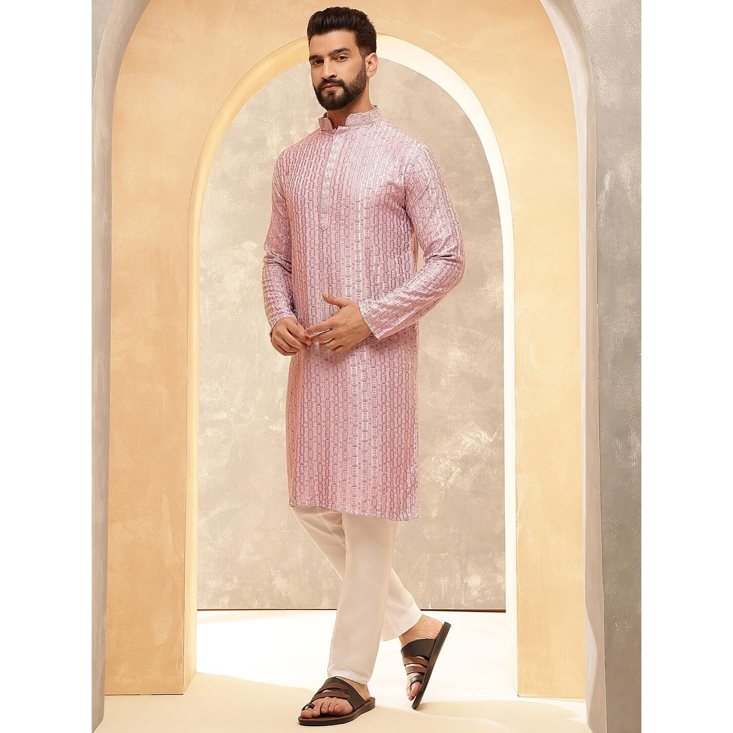 Sojanya (Since 1958 Men's Cotton Rayon Shiny Thread Sequinned Pink Kurta With White Pyjama