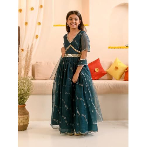 Pspeaches Girl's Cotton Blend Lehenga Choli (L-Tealorganza_Green_14-15Y)