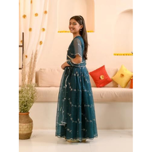 Pspeaches Girl's Cotton Blend Lehenga Choli (L-Tealorganza_Green_14-15Y)