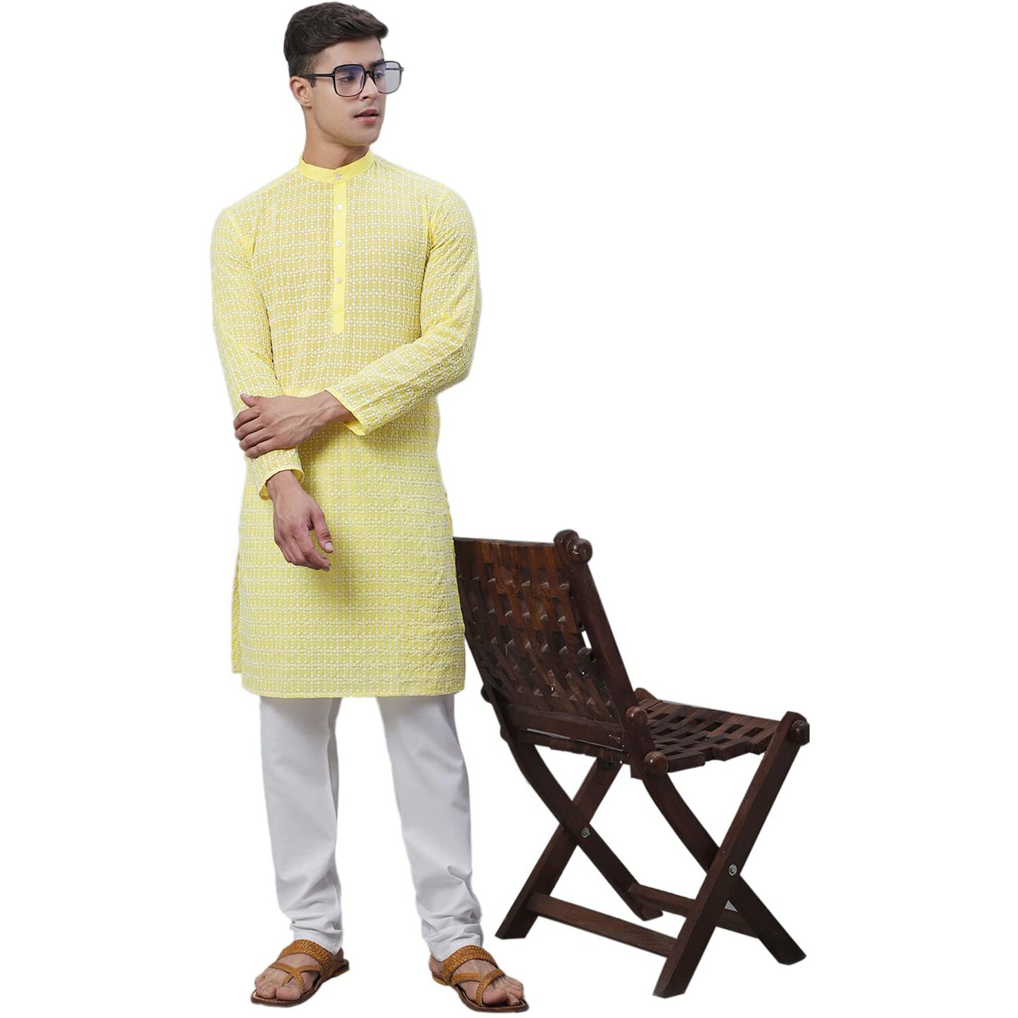 Sojanya (Since 1958 Men's Pure Cotton Yellow Kurta With White Embroidery And White Pyjama Set