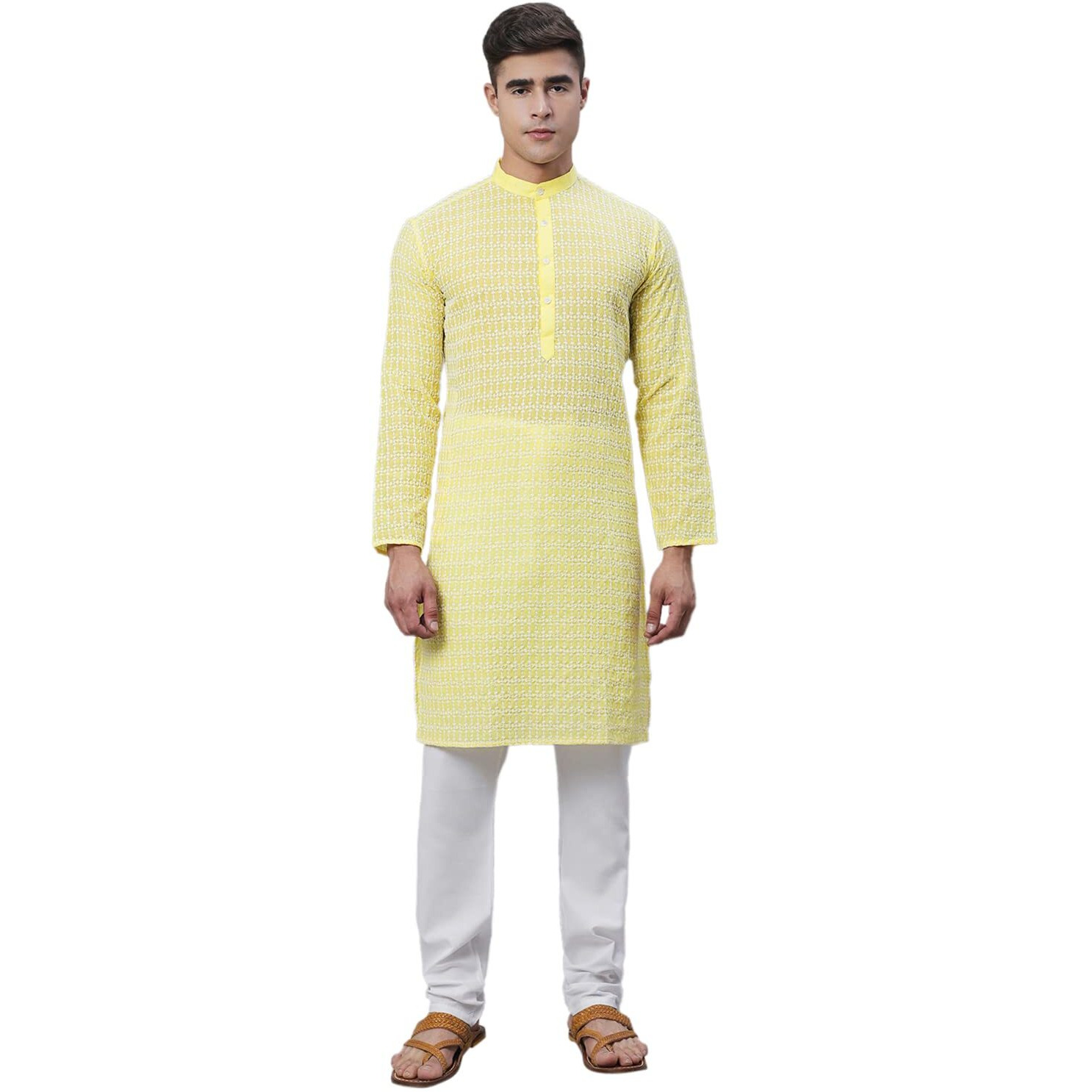 Sojanya (Since 1958 Men's Pure Cotton Yellow Kurta With White Embroidery And White Pyjama Set
