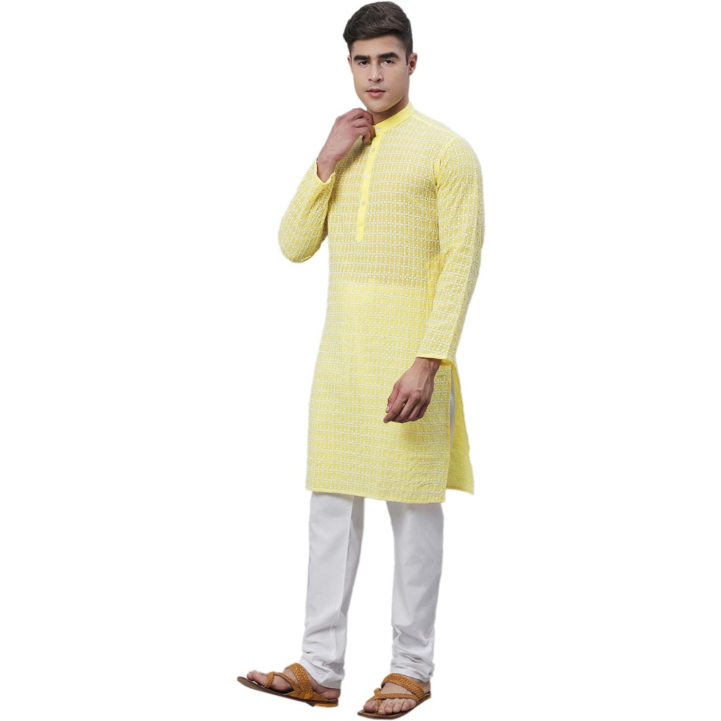 Sojanya (Since 1958 Men's Pure Cotton Yellow Kurta With White Embroidery And White Pyjama Set