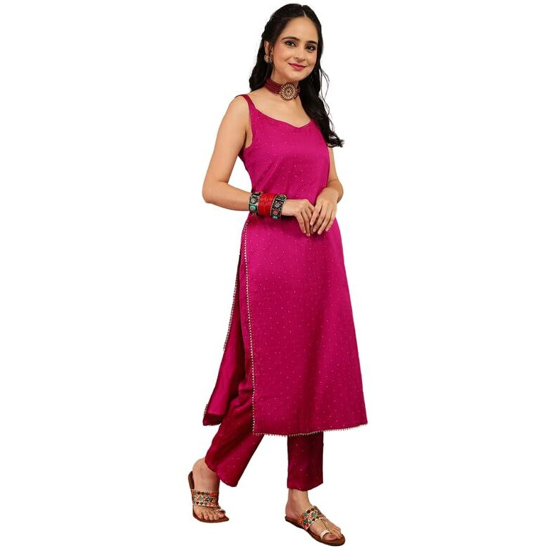 Varanga Pink And Gold Polka Dot Strap Kurta Set With Dupatta.