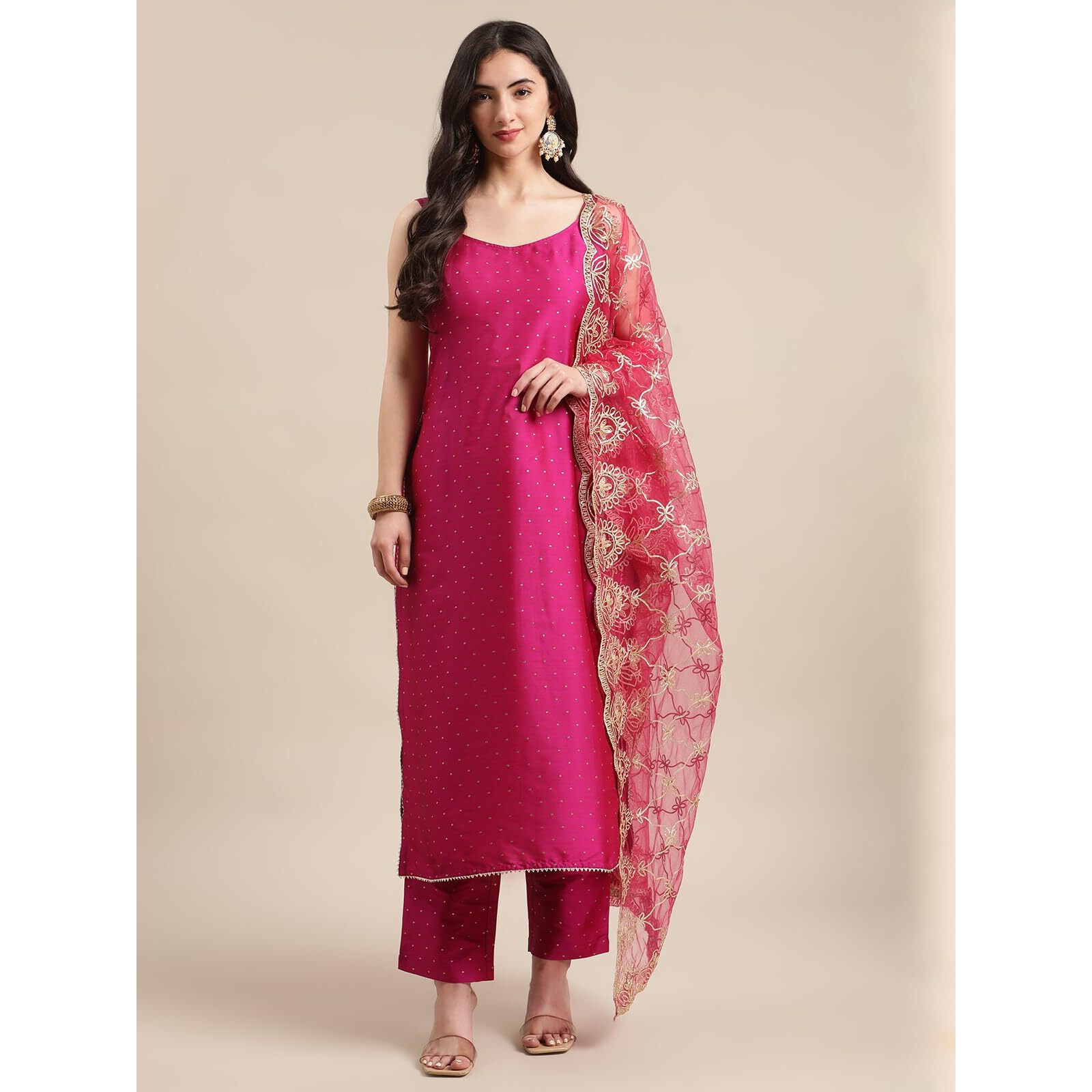 Varanga Pink And Gold Polka Dot Strap Kurta Set With Dupatta.