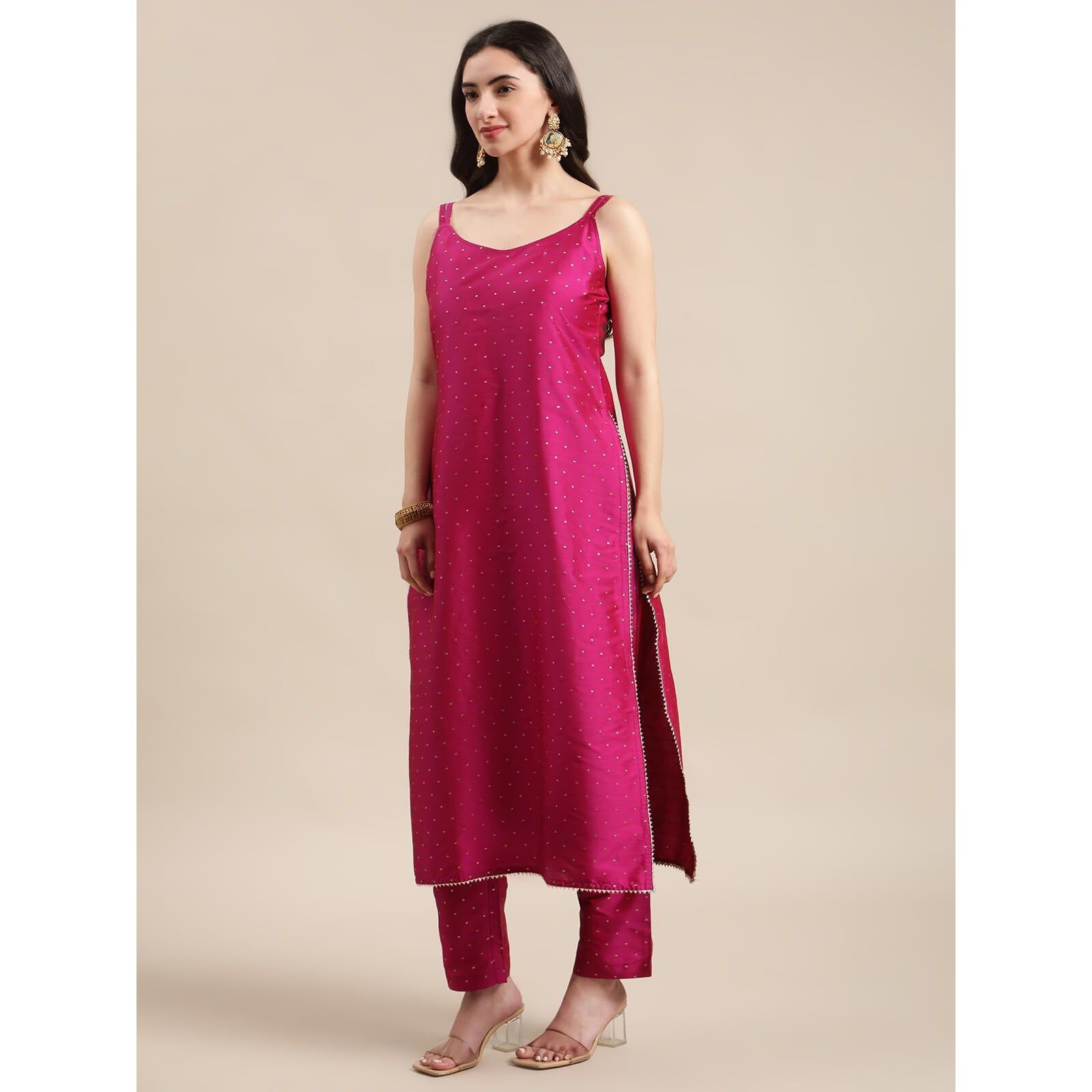 Varanga Pink And Gold Polka Dot Strap Kurta Set With Dupatta.