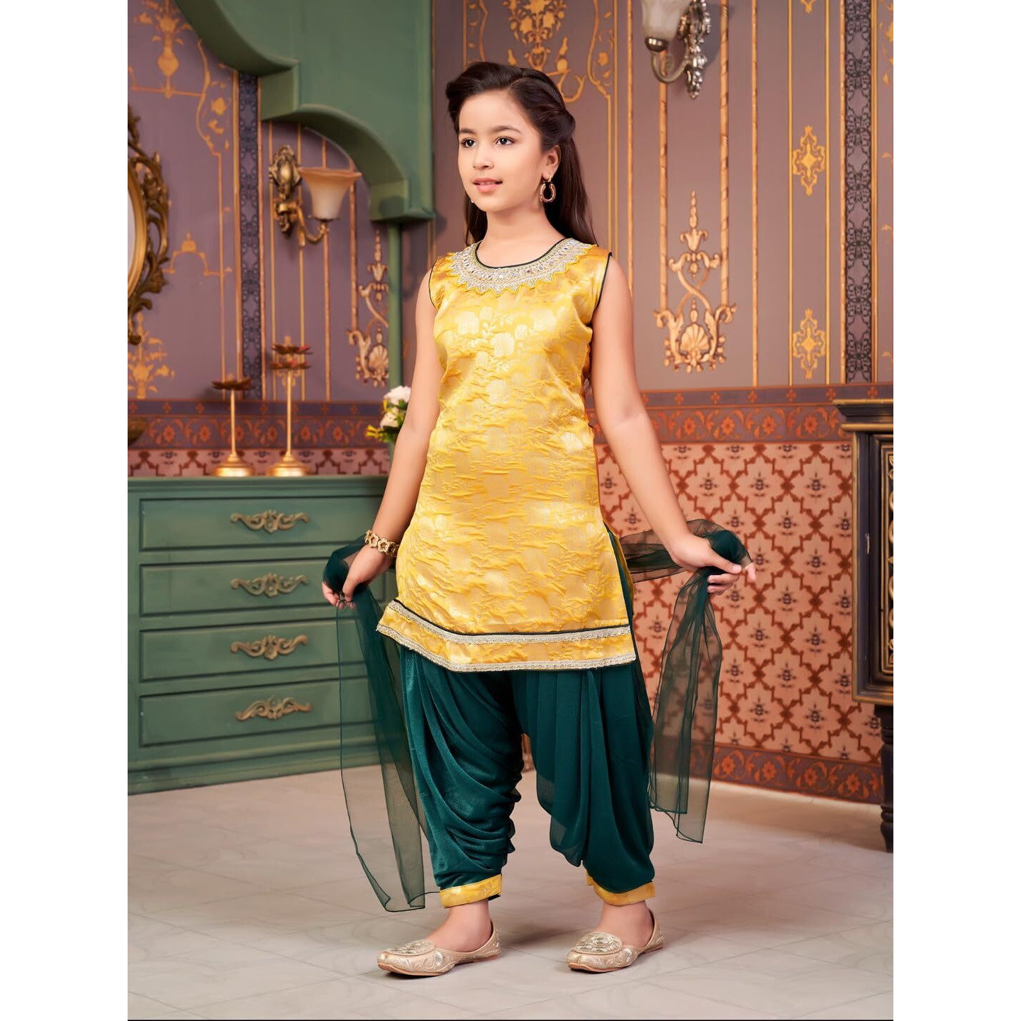 Aarika Girls Ethnic Wear Yellow-Green Colour Mirror Embroidery Brocade Kurti Patiala Set With Dupatta-5-13 Years (Pt-18138)