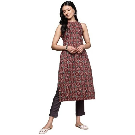 Anubhutee Women's Pure Cotton Maroon Ethnic Motifs Printed Straight Kurta