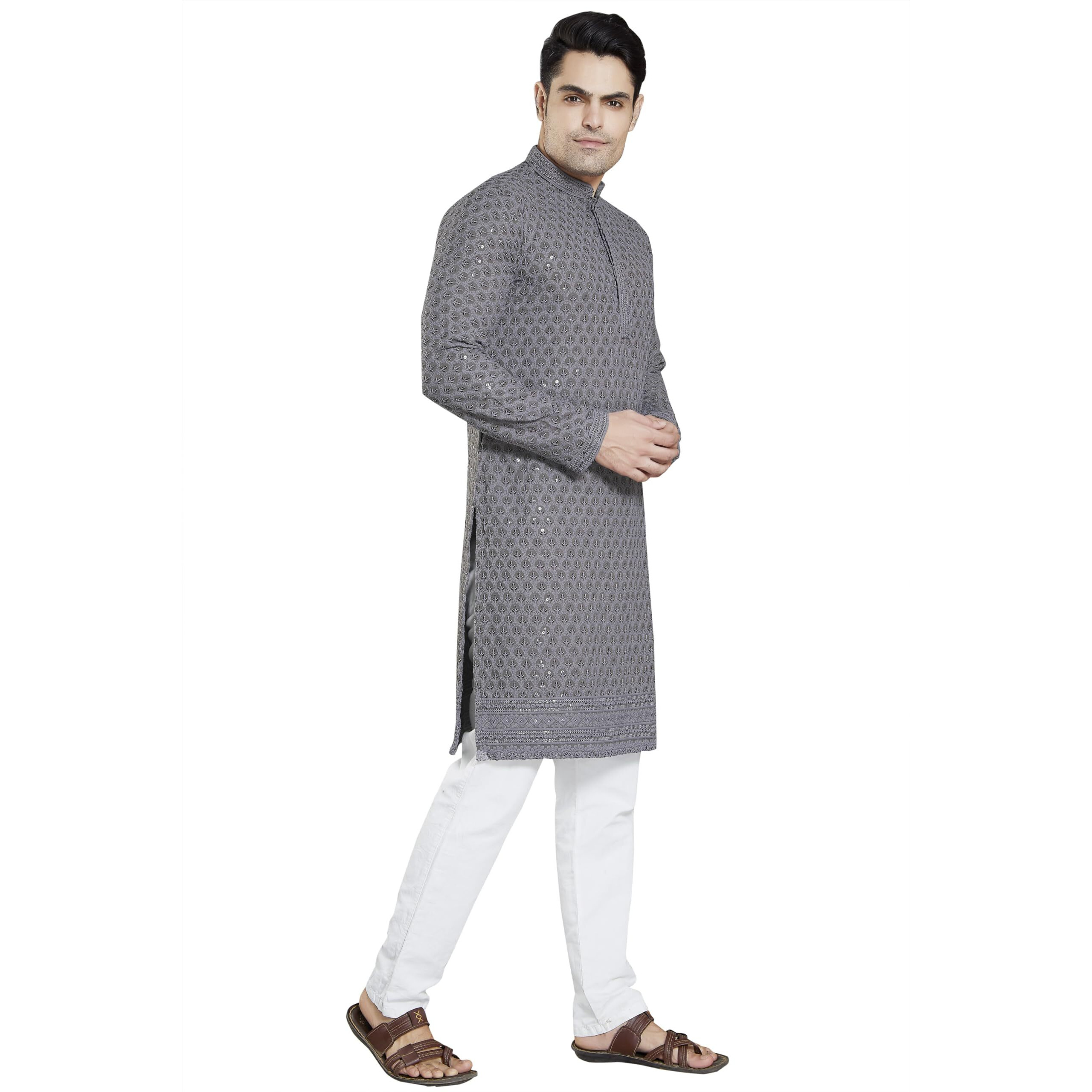 Divisive Men's Sequince Embroidered Cotton Blend Slim Fit Kurta Pyjama Set (Dkrt23_Xxl_Charcol Grey)