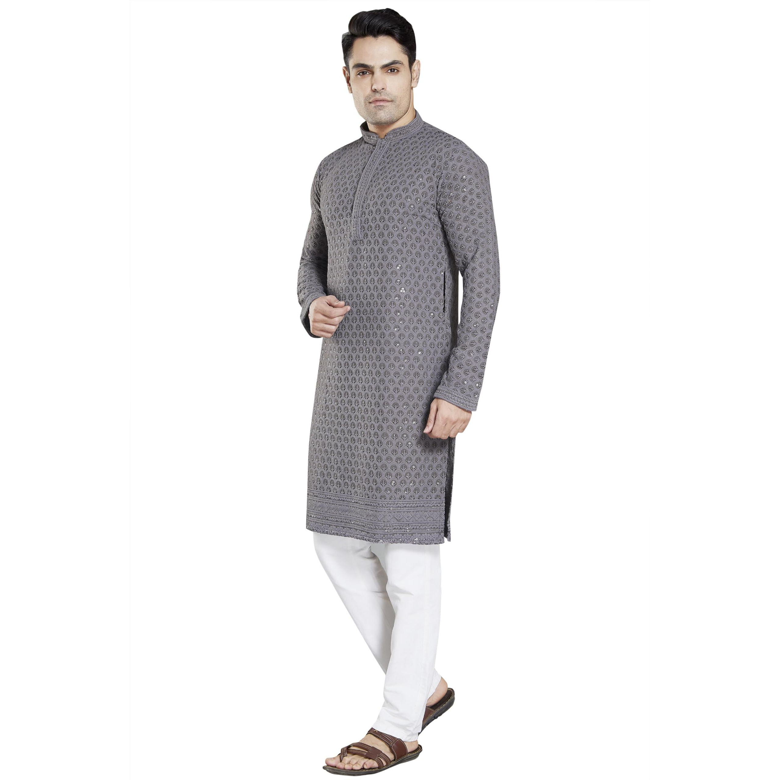 Divisive Men's Sequince Embroidered Cotton Blend Slim Fit Kurta Pyjama Set (Dkrt23_Xxl_Charcol Grey)