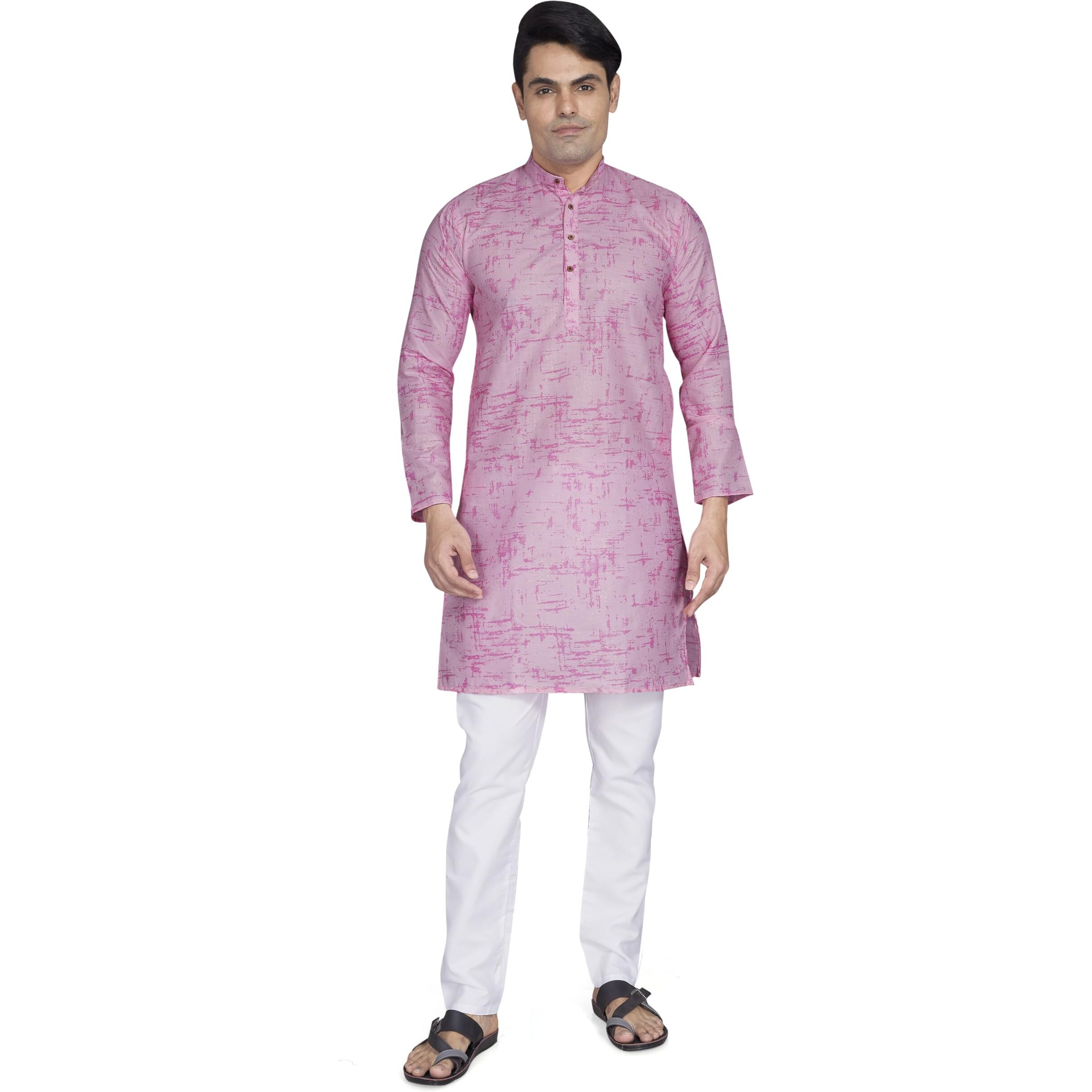 Divisive Men's Printed Cotton Blend Linen Slim Fit Kurta Pyjama Set (Dkrt871_L_Pink)