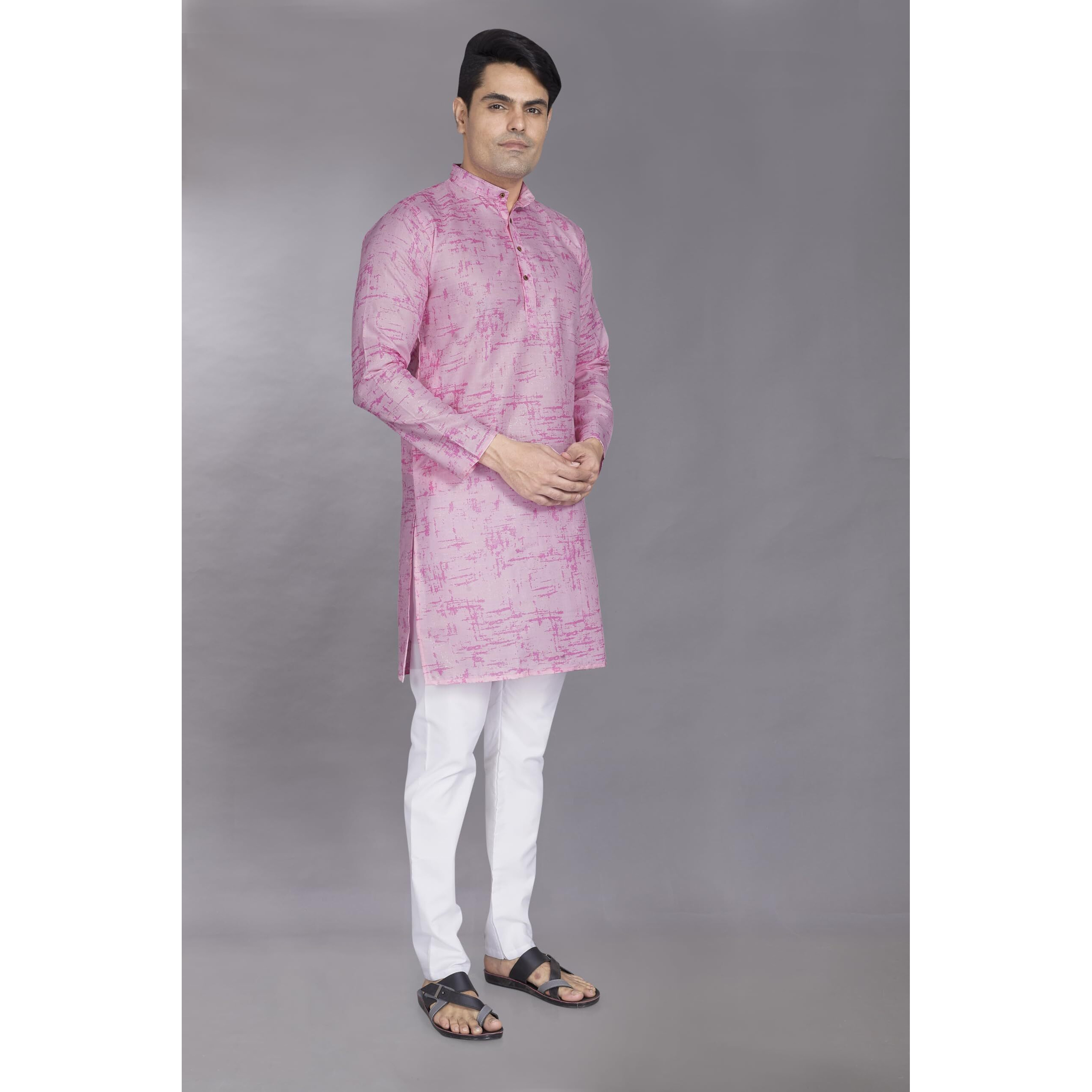 Divisive Men's Printed Cotton Blend Linen Slim Fit Kurta Pyjama Set (Dkrt871_L_Pink)