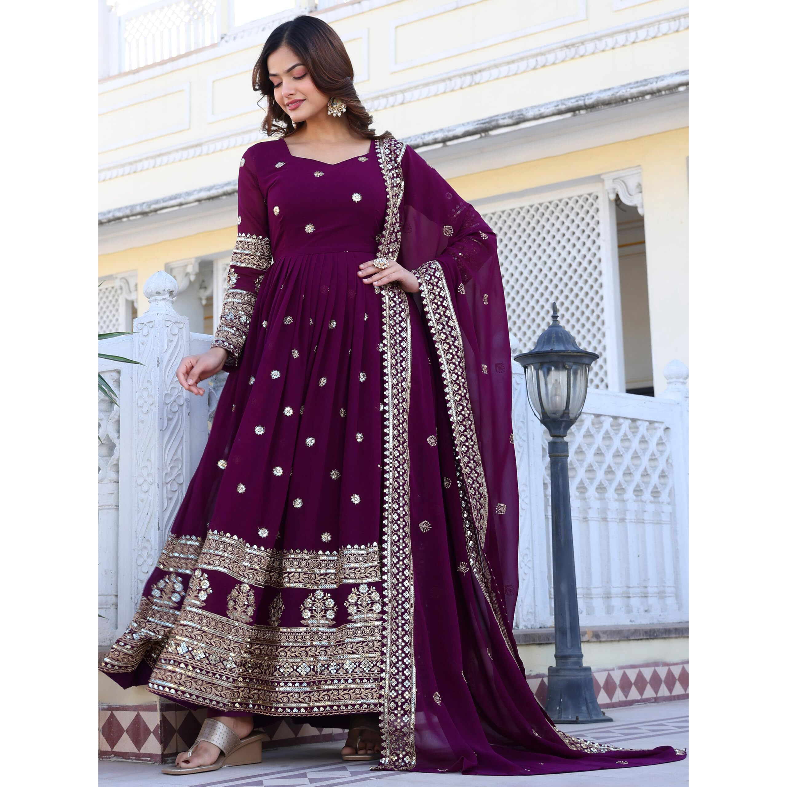 Fashion Basket Georegtte Anarkali Long Dress For Women Purple