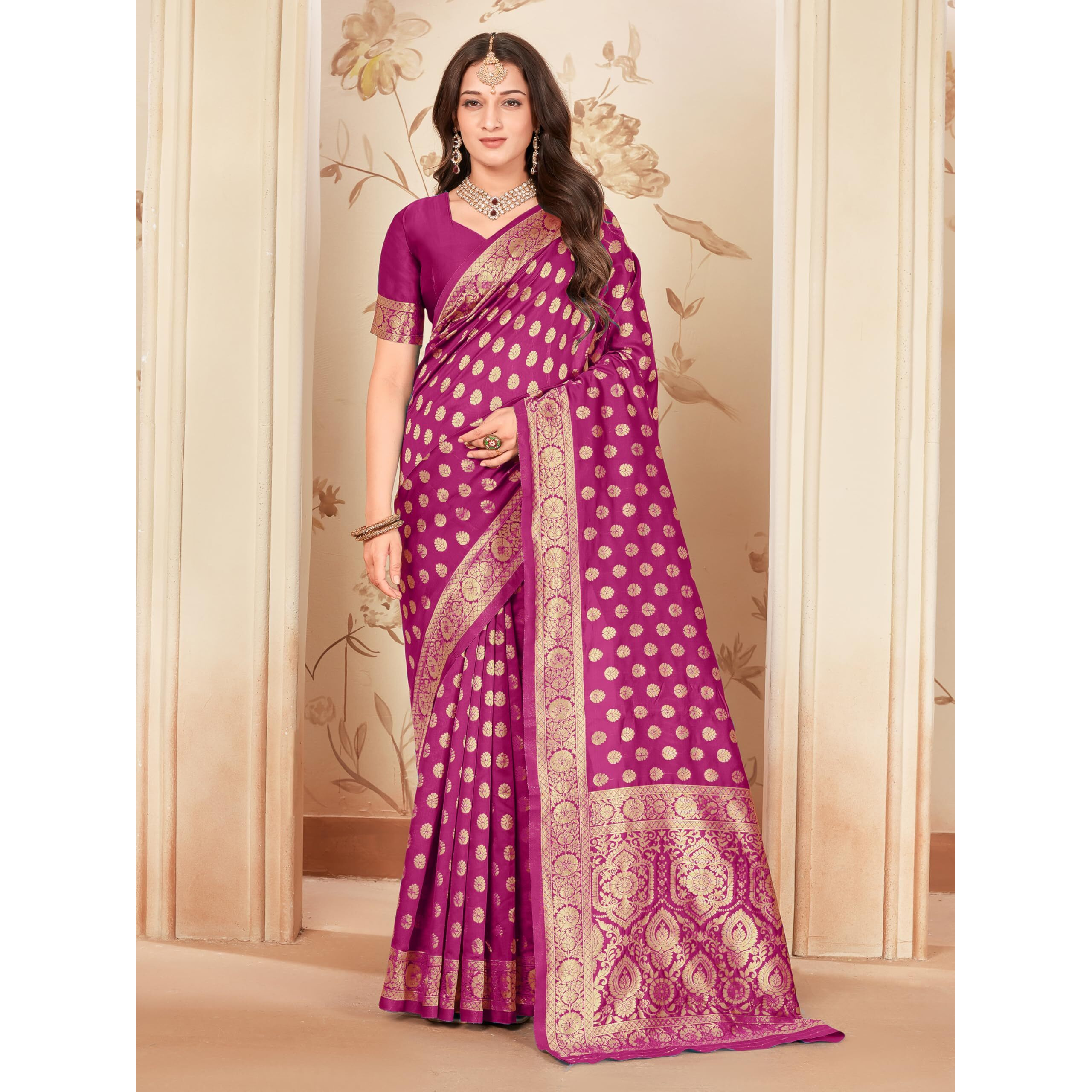 Glory Sarees Womens Banarasi Silk Saree With Blouse Piece (Kalamkarisaree_Wine)