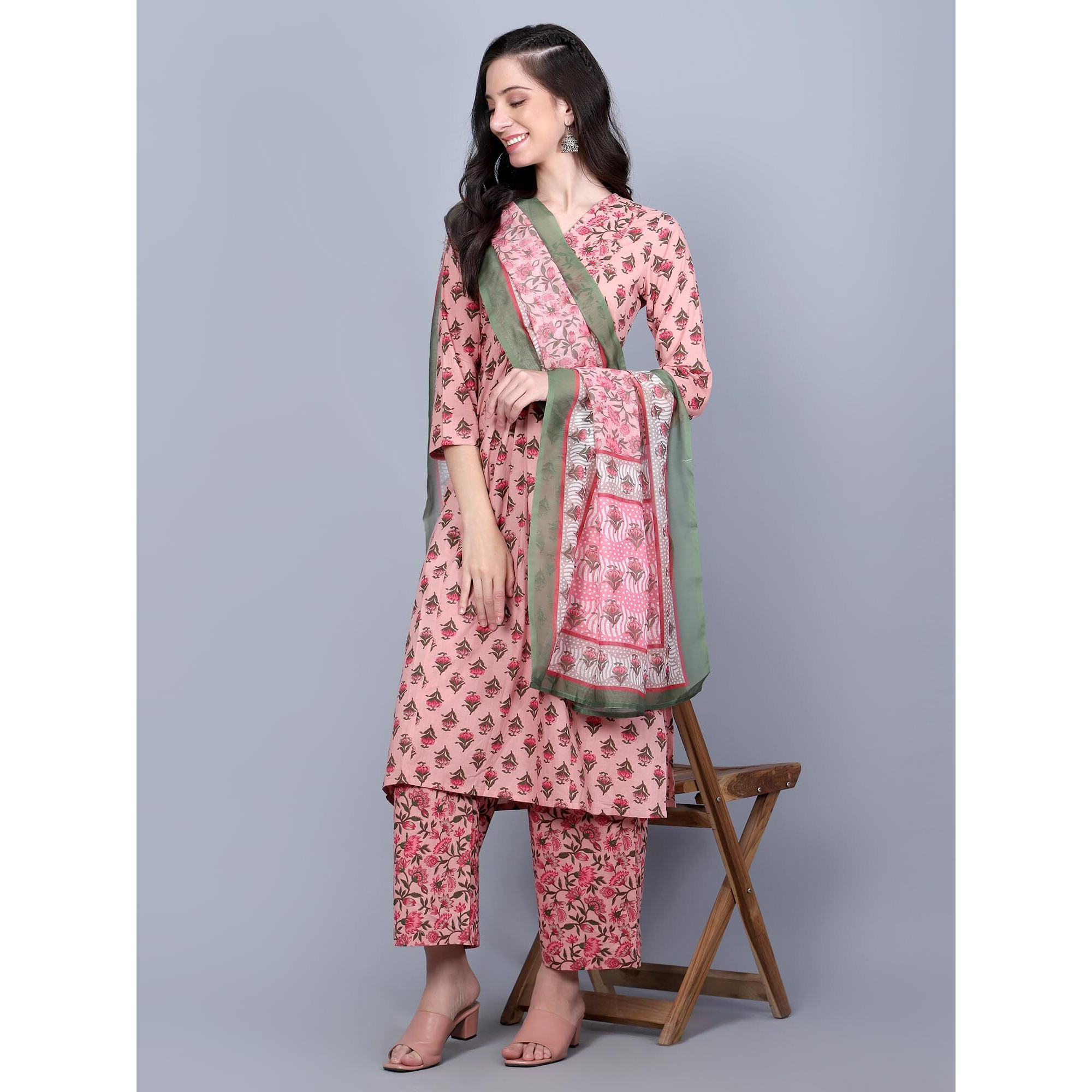 Idalia Coral Printed Kurta Set With Dupatta
