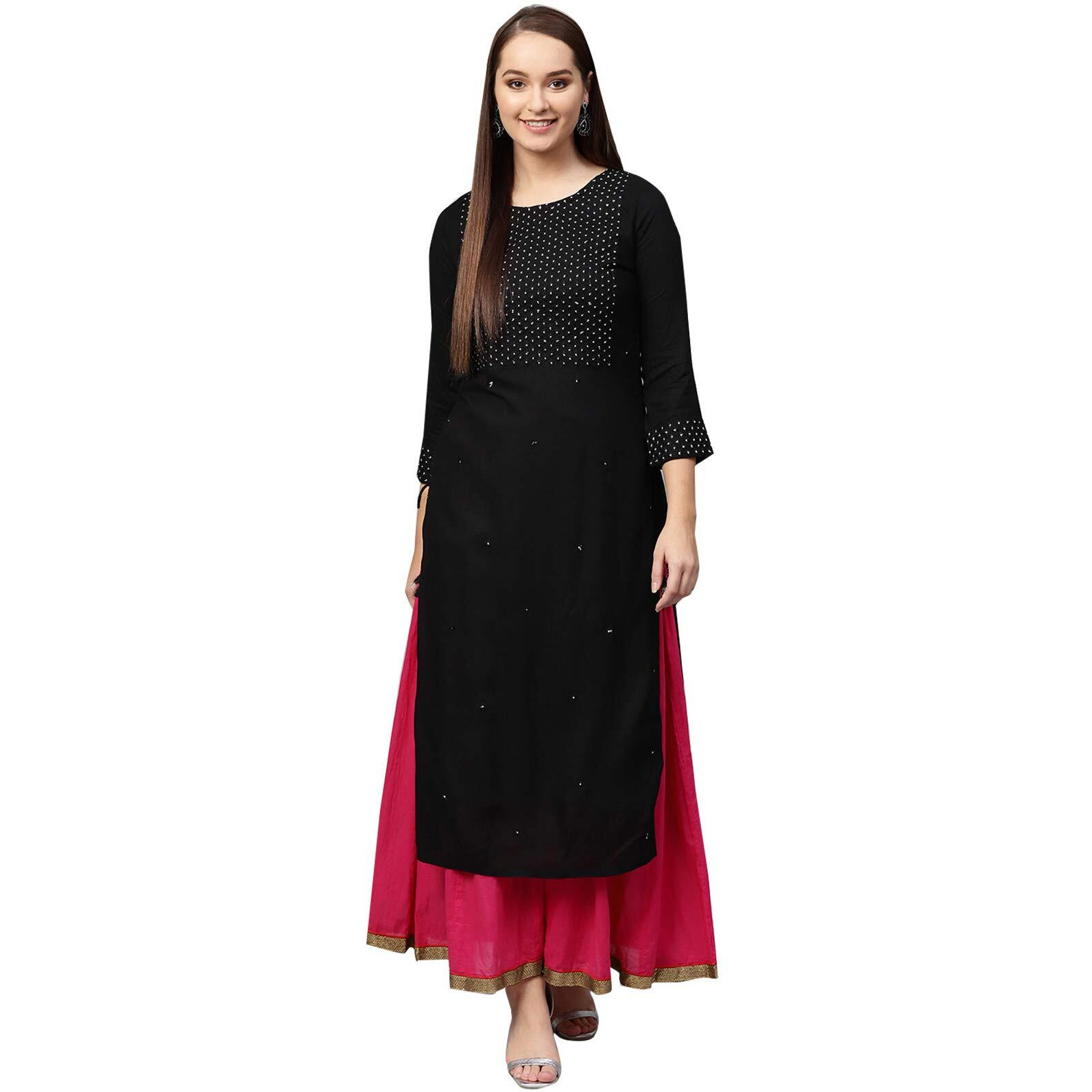 Ishin Women's Viscose Rayon Black Embroidered A-Line Kurta