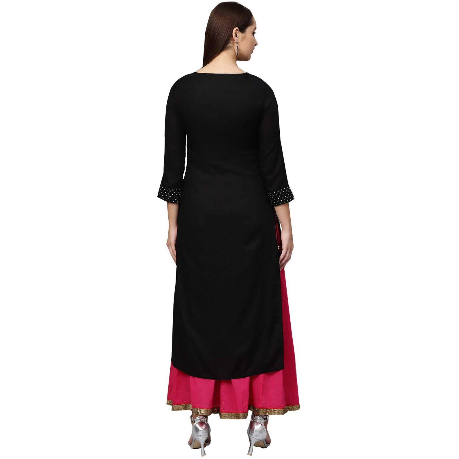 Ishin Women's Viscose Rayon Black Embroidered A-Line Kurta
