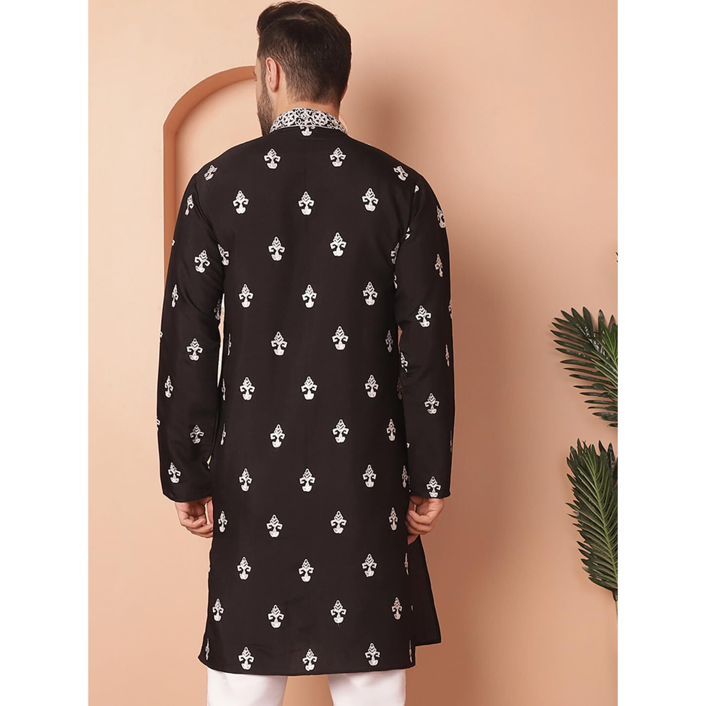 Jompers Men Black Chikankari Embroidered Kurtas (Black, Xl)