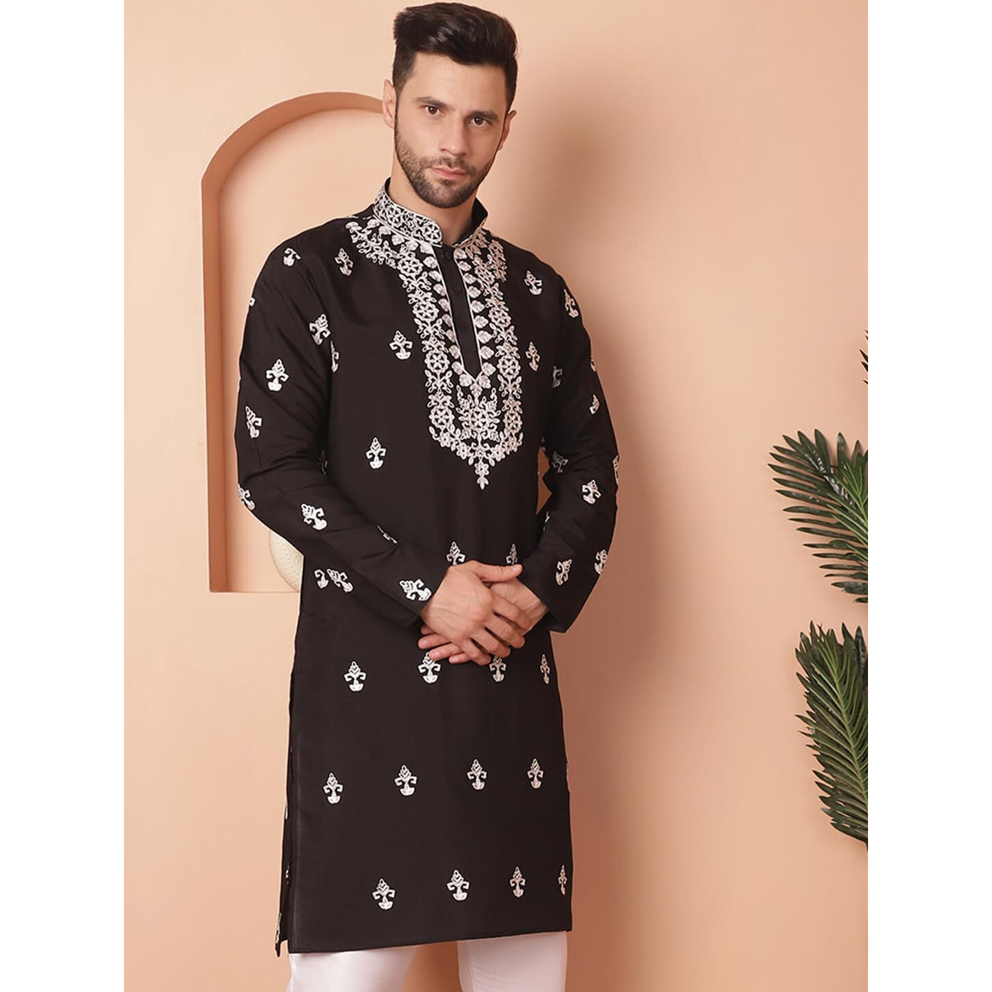 Jompers Men Black Chikankari Embroidered Kurtas (Black, Xl)