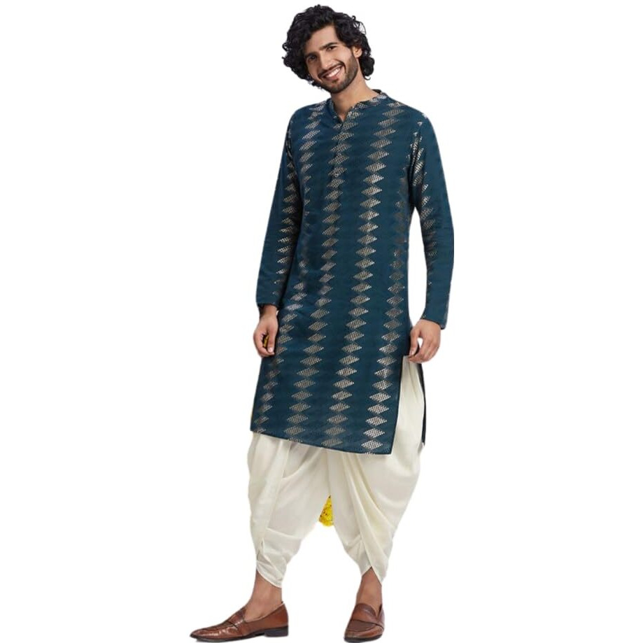 Kisah Men's Kurta, Turquoise Blue Cotton, Geometric Regular Fit Mandarin Collar Long Sleeves (S)