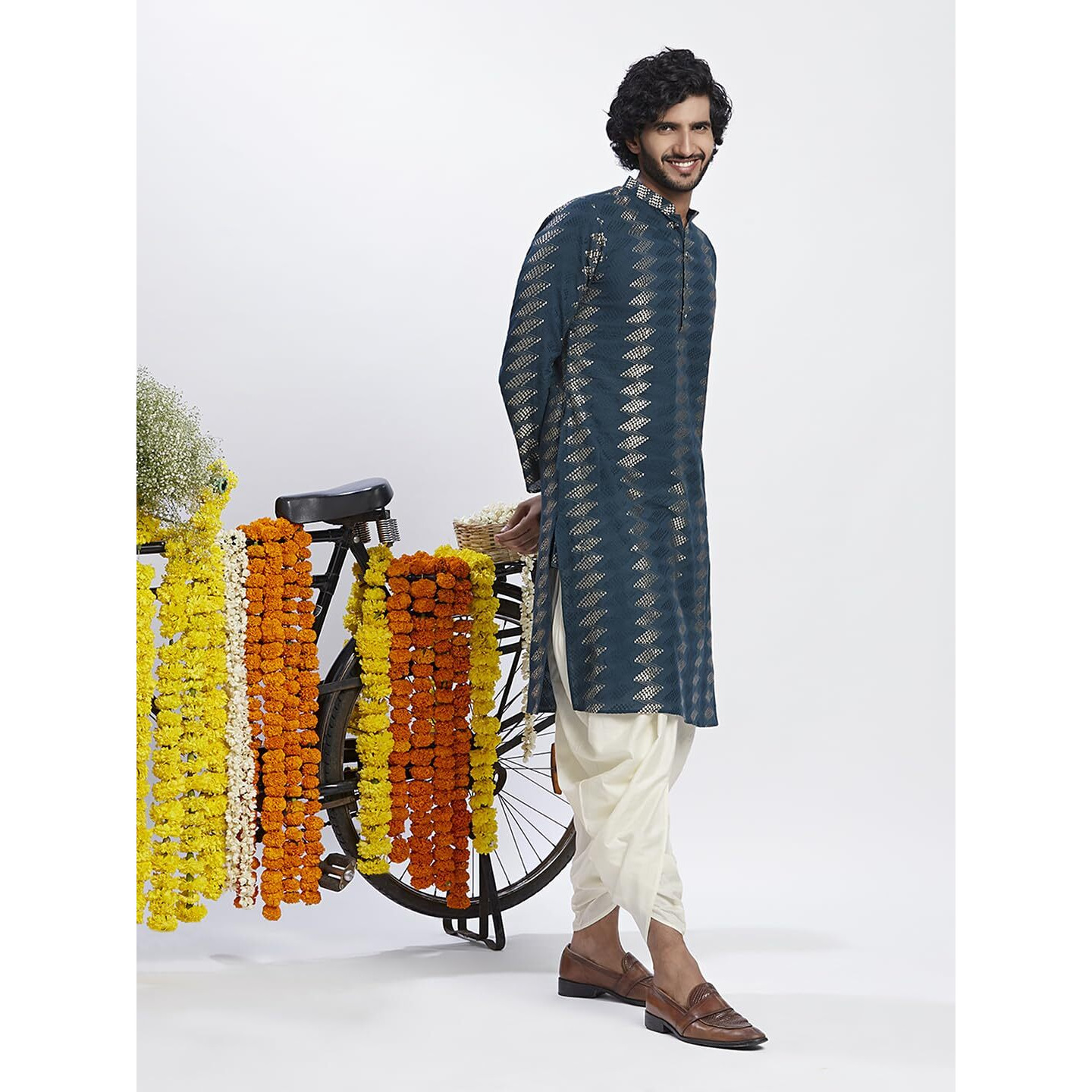 Kisah Men's Kurta, Turquoise Blue Cotton, Geometric Regular Fit Mandarin Collar Long Sleeves (S)