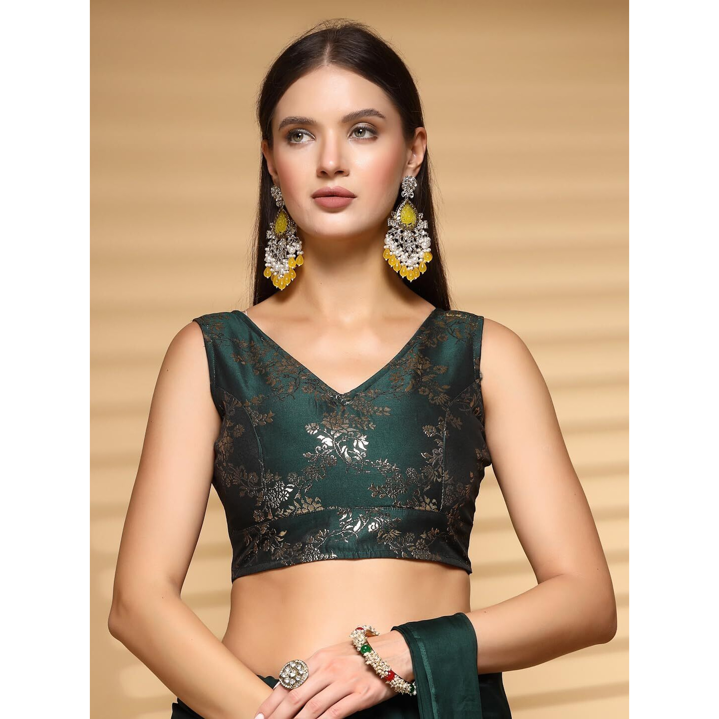 Oomph Women's Indian Ethnic Wear Designer Botanical Pattern Zari Work V Neck Sleeveless Forest Green Color Brocade Readymade Blouse For Saree Or Lehnga And Fusion Twist. Xl
