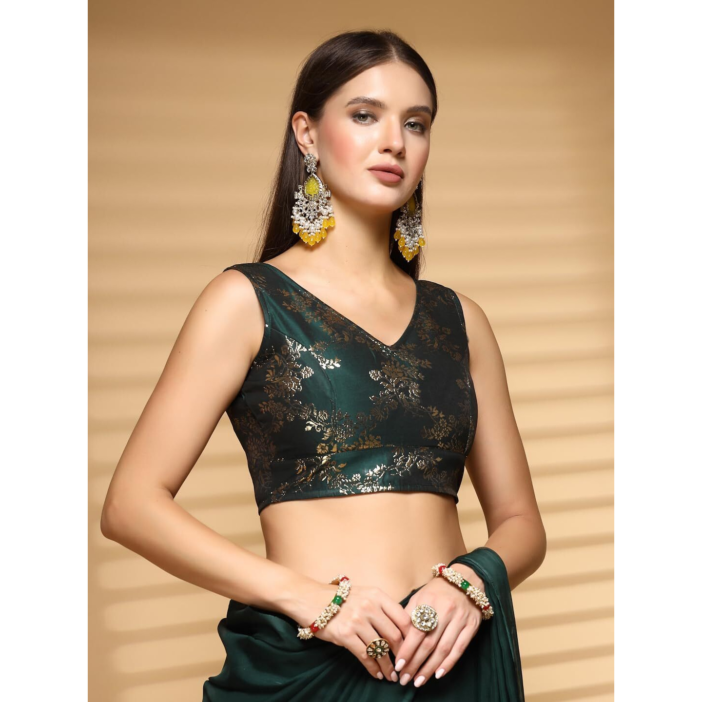 Oomph Women's Indian Ethnic Wear Designer Botanical Pattern Zari Work V Neck Sleeveless Forest Green Color Brocade Readymade Blouse For Saree Or Lehnga And Fusion Twist. Xl