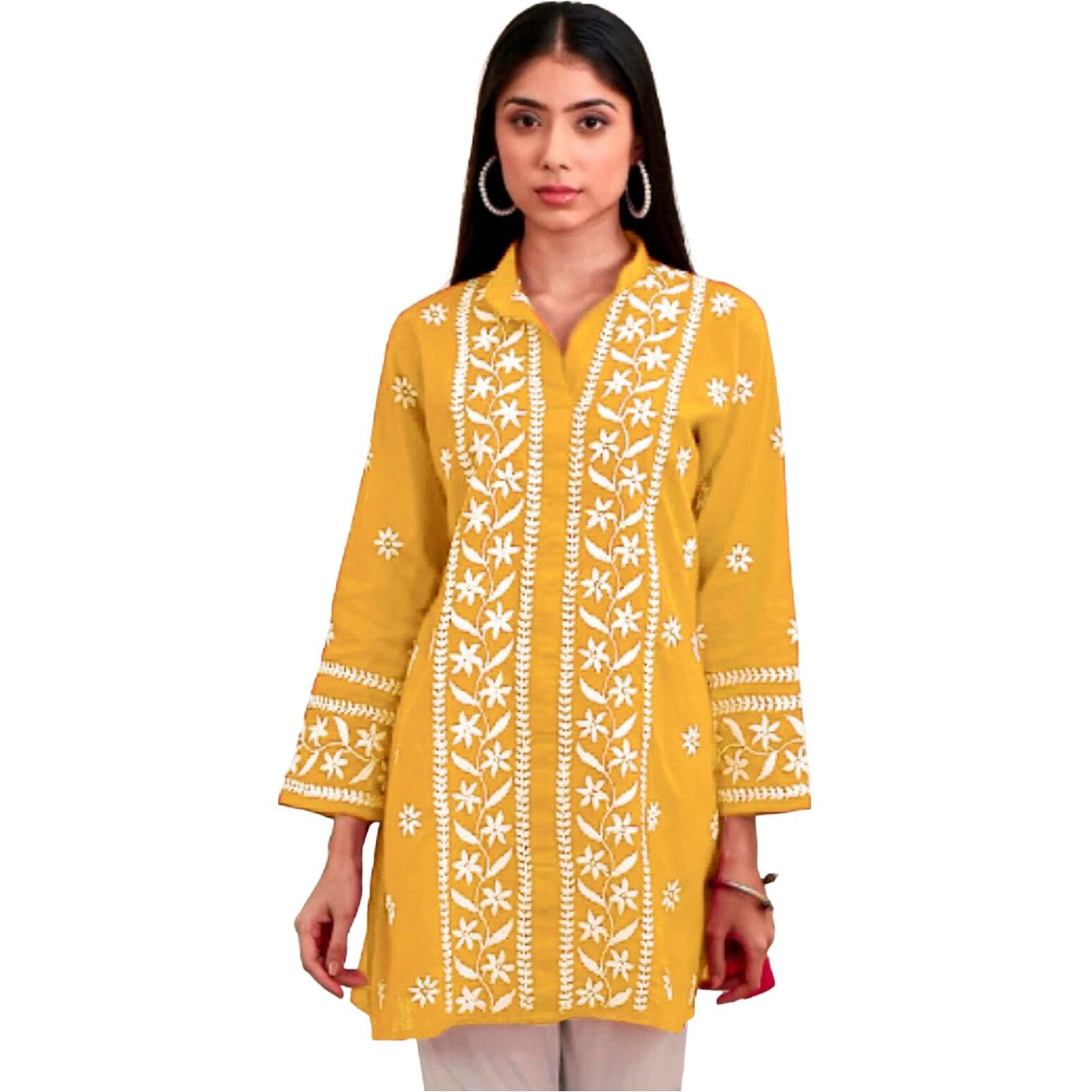 Sanisa Women's Rayon Chikankari Embroidered Short Kurti (478K271N-Xl_Yellow)