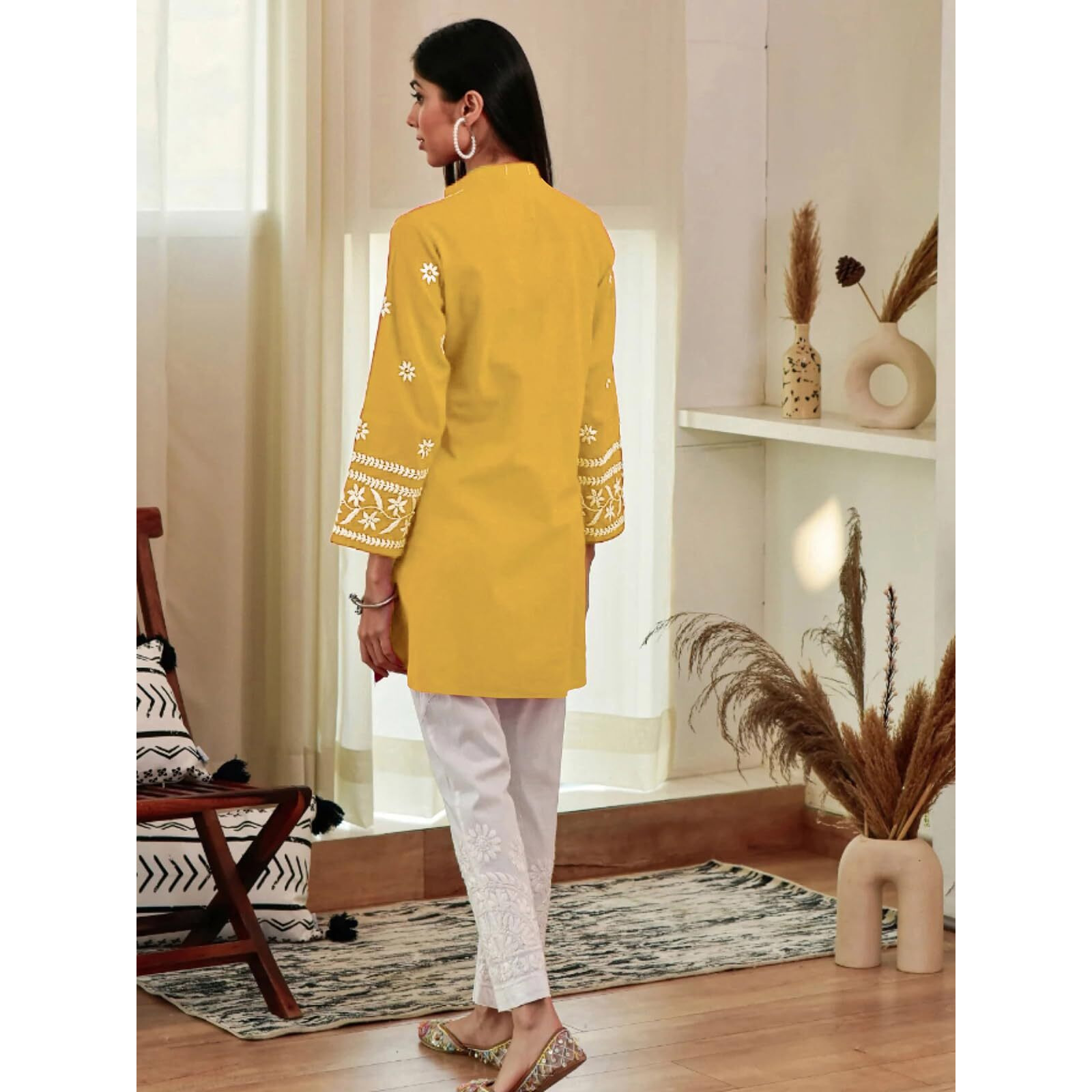 Sanisa Women's Rayon Chikankari Embroidered Short Kurti (478K271N-Xl_Yellow)