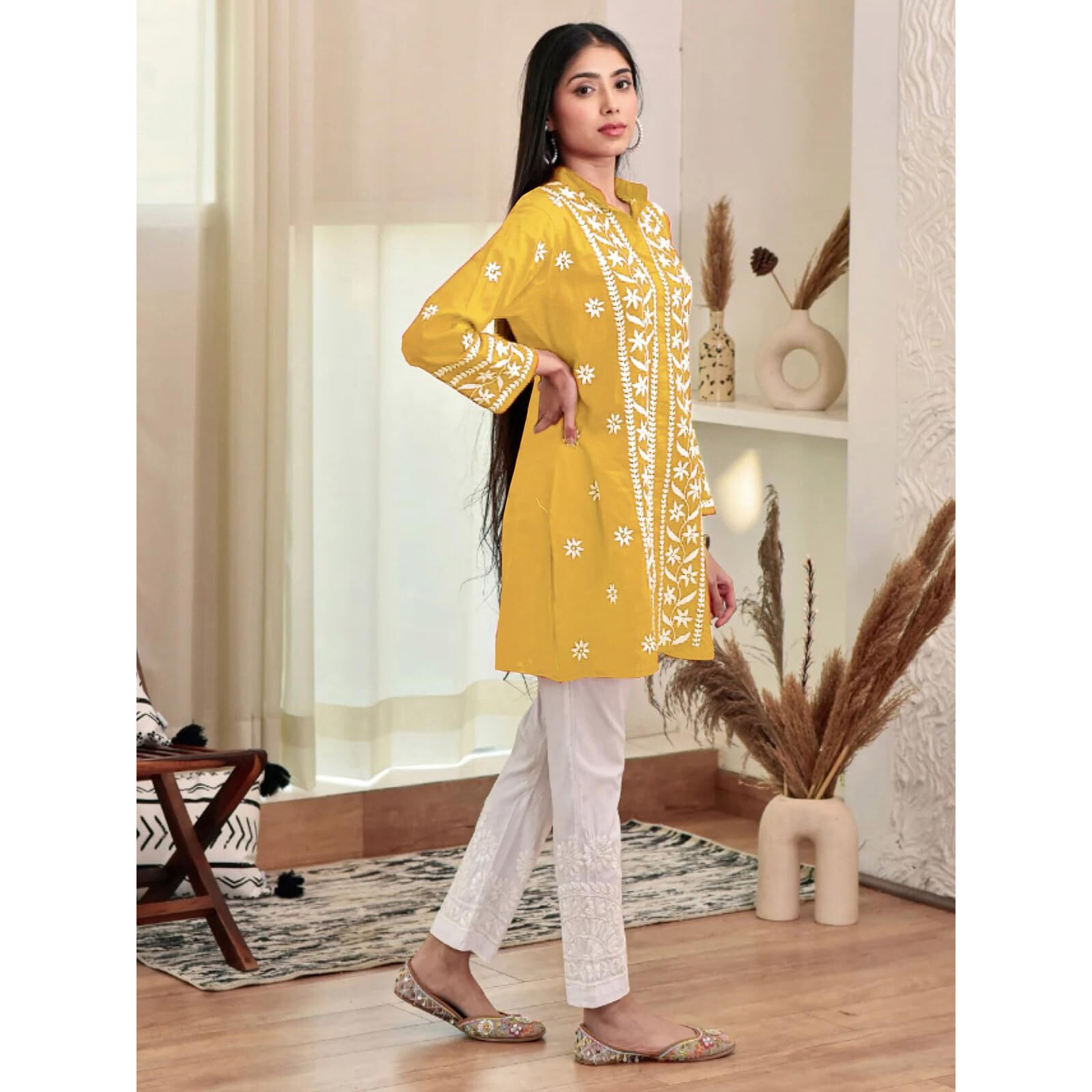 Sanisa Women's Rayon Chikankari Embroidered Short Kurti (478K271N-Xl_Yellow)