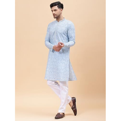 See Designs Men Mandarin Collar Sky Blue & White Pure Cotton Embroidered Staright Full Sleeve Kurta With Pajama - Sd2Ekt_126801Xs