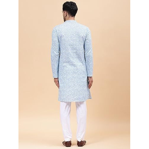 See Designs Men Mandarin Collar Sky Blue & White Pure Cotton Embroidered Staright Full Sleeve Kurta With Pajama - Sd2Ekt_126801Xs