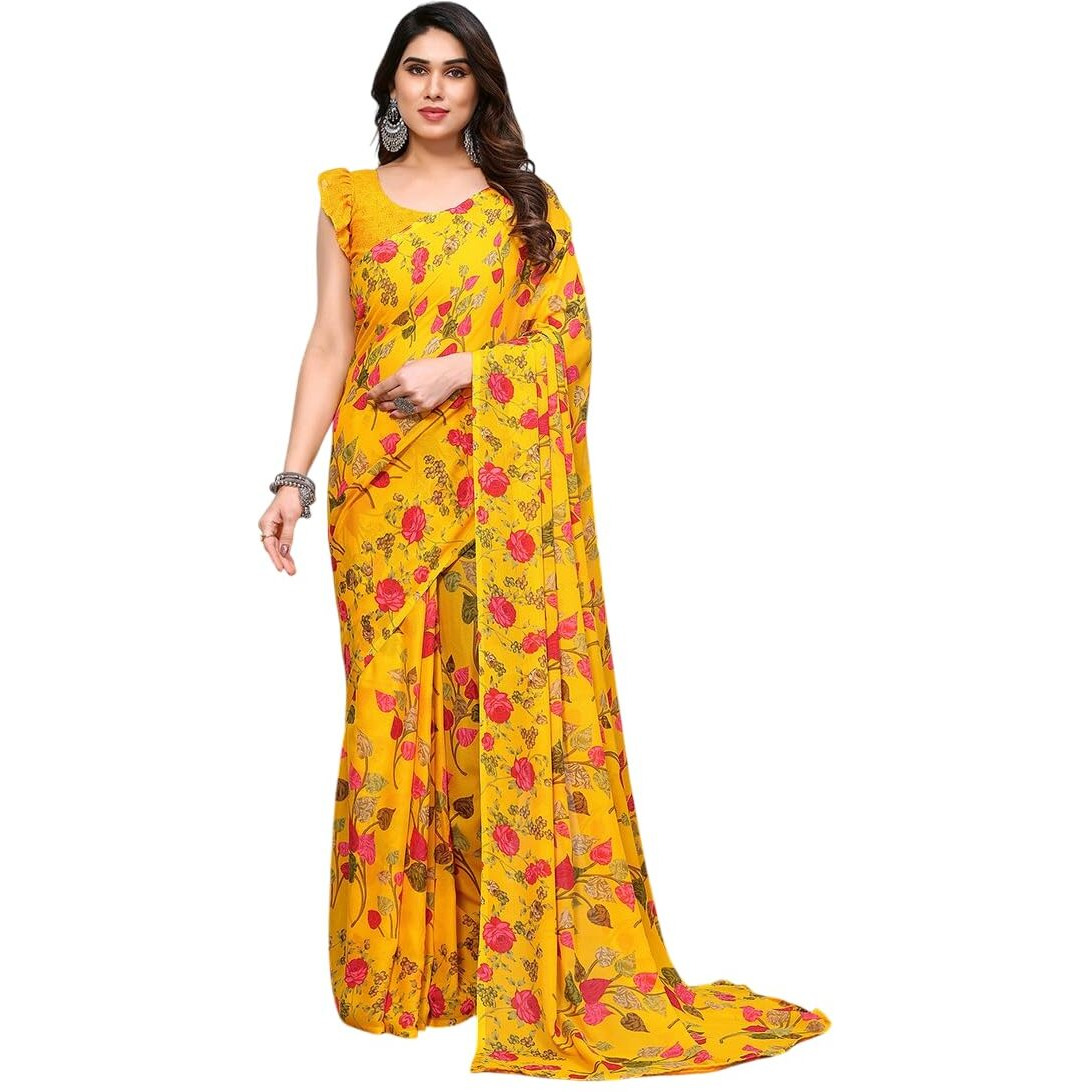 Shiv Textiles Women's Georgette Floral Printed Saree(522S104_Yellow)