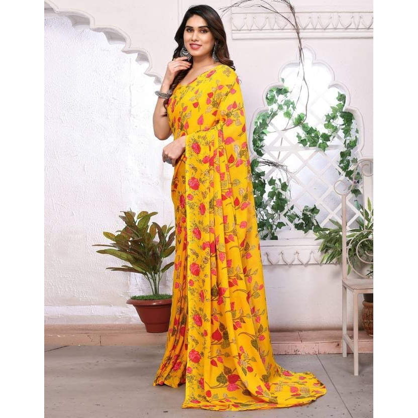 Shiv Textiles Women's Georgette Floral Printed Saree(522S104_Yellow)