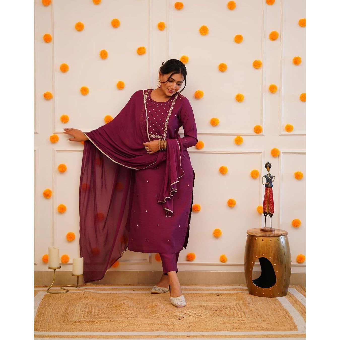 Shiv Textiles Women's Chanderi Silk Embroidered Kurta Pant Dupatta Set(Jda-Pragati-Maroon-L)