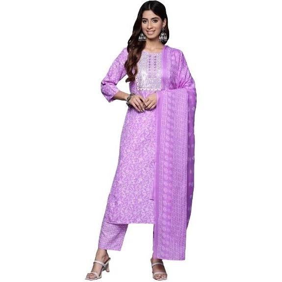 Varanga Women Lavender Floral Printed Embroidered Kurta Paired With Bottom And Dupatta