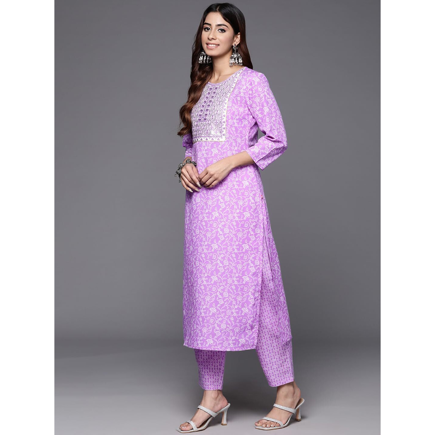 Varanga Women Lavender Floral Printed Embroidered Kurta Paired With Bottom And Dupatta