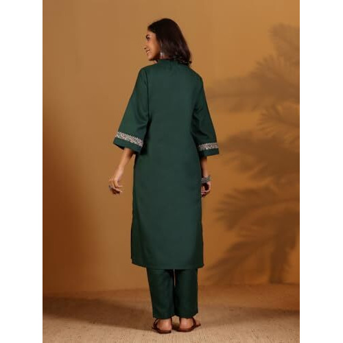Varanga Thread Embroidered With Pleated Deatialing Flared Sleeve Kurta With Trouser Green