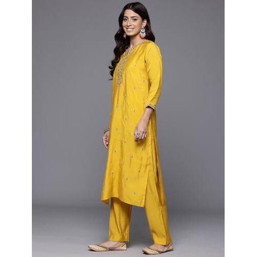 Varanga Women Yellow Round Neck Placement Embroidered Kurta Paired With Tonal Bottom & Printed Dupatta