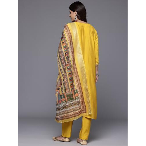 Varanga Women Yellow Round Neck Placement Embroidered Kurta Paired With Tonal Bottom & Printed Dupatta