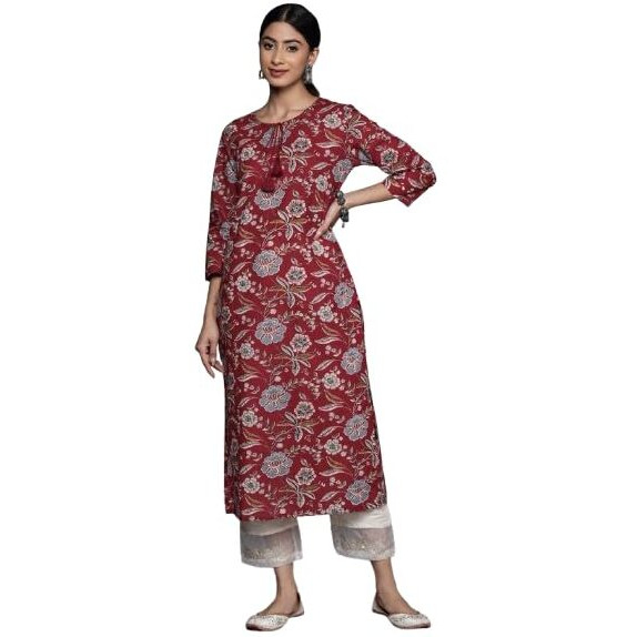 Varanga Women Maroon Floral Printed Straight Kurta With Side Slits