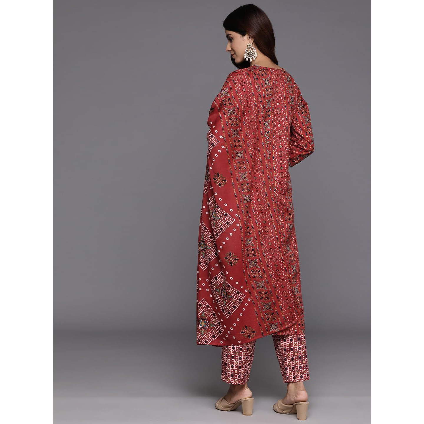 Varanga Women Red Printed V-Neck Embroidered Kurta With Bottom And Dupatta